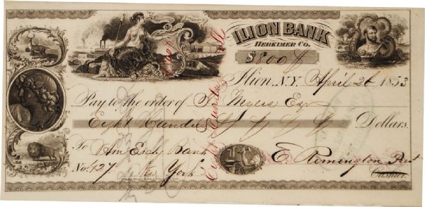 Eliphalet Remington signed Check
