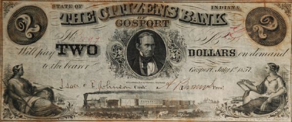 1857 $2 Citizen Bank Of Gosport (Indiana)