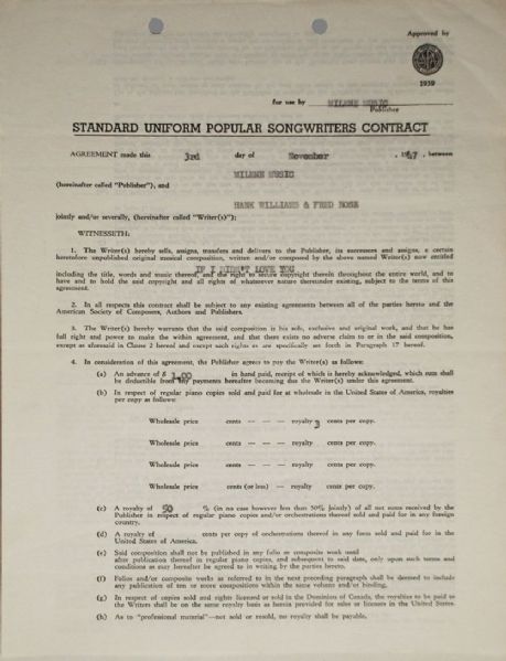 Hank Williams Sr. Signed Music Agreement