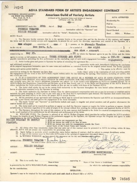 Incredible Billie Holidays signed last Performance Contract 