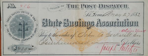 Joseph Pulitzer Signed Check