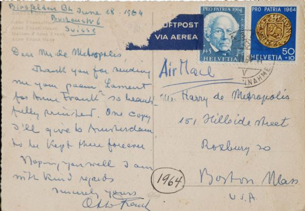 Otto Frank ALS about Ann Frank Poem