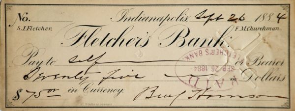 Benjamin Harrison Signed Check