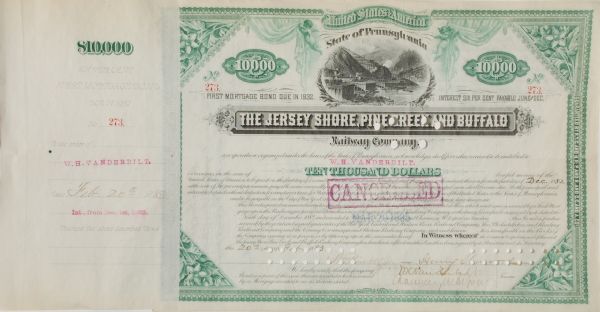 $10,000 RAILWAY BOND OF 1882 JERSEY SHORE, PINE CREEK & BUFFALO RWY SIGNED BY THREE IMPORTANT VANDERBILTS