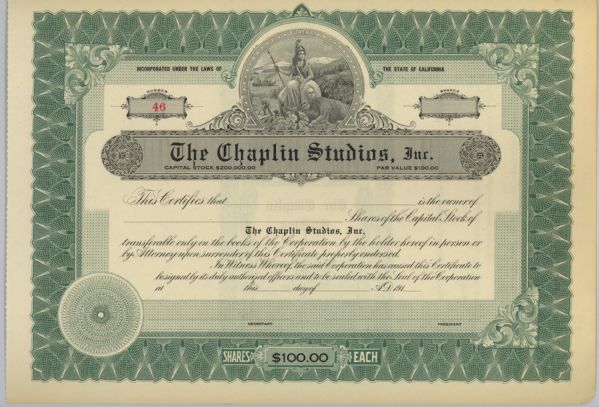 Chaplin Studios Stock Certificate