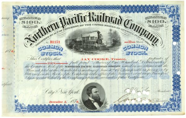 Northern Pacific Railroad Company signed by Jay Cooke 