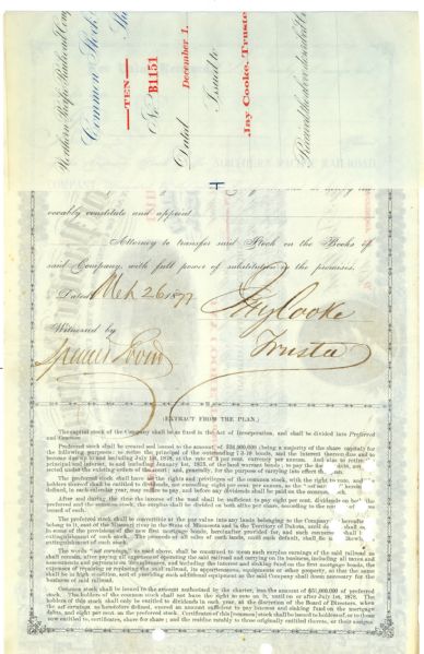 Northern Pacific Railroad Company signed by Jay Cooke 