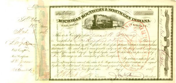 Michigan Southern & Northern Indiana Railroad Company signed by Leonard W. Jerome