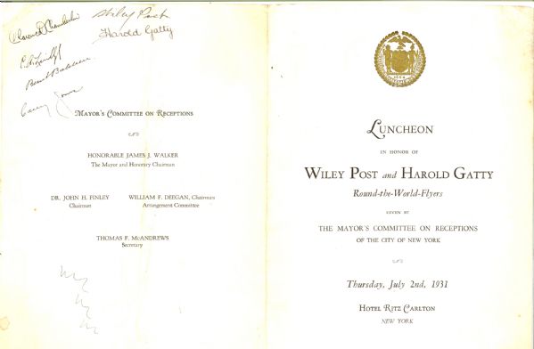 Harold Gatty, Post and Lindbergh Signed Menu hrs After their Famous Flight