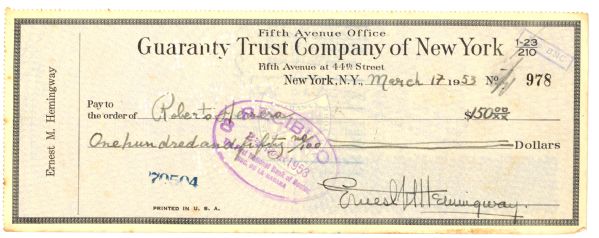 Hemingway Signed  Check