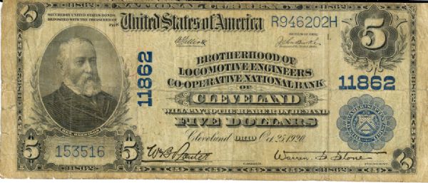 $5 1902 Plain Back, Brotherhood of Locomotive Engineers Co-Operative