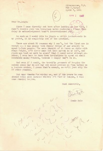 Important Ernie Pyle Letter "turns me white with stage fright"