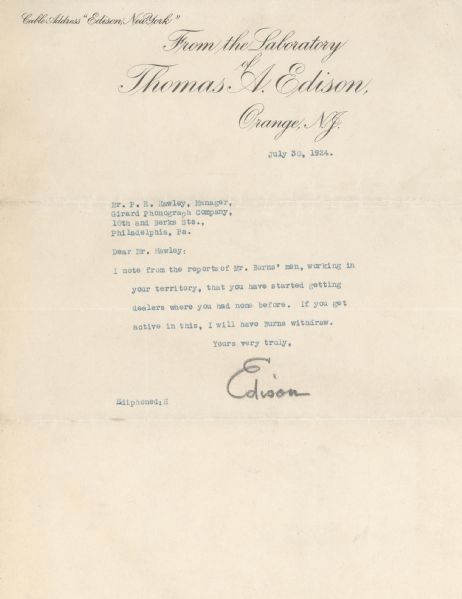 Thomas Edison Collection Of 6 Signed Letters  (Phonograph Business)