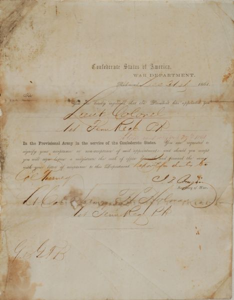 Judah P Benjamin Military Appointment Signed as C.S.A
