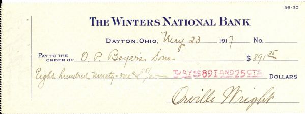 Orville Wright Check for Fathers Funeral