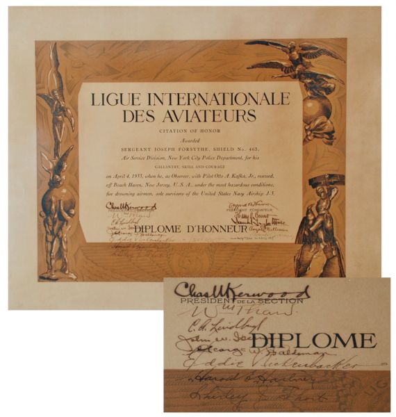 Signed Certificate for Heroism Rescue for the Akron search and Air Ship AJ3, ( By Lindbergh, Rickenbacker, Hawks ...)