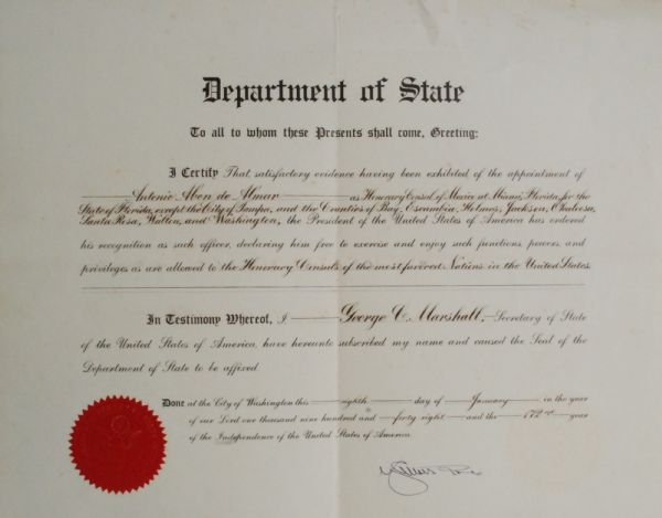 George C. Marshall Appointment for Consul of Mexico in Miami Florida