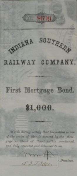Indiana Southern Railway Company Bond Signed by Samuel Tilden