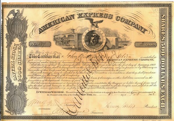 Rare, American Express Wells Fargo Stock Issued to John Butterfield