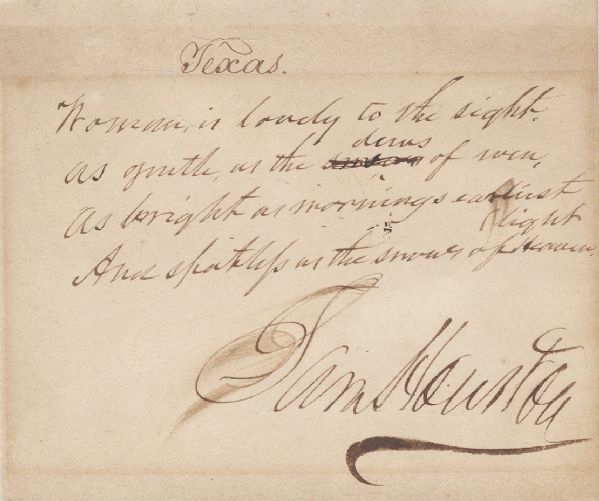 Sam Houston, the romantic, writes four line poem on the virtues of women