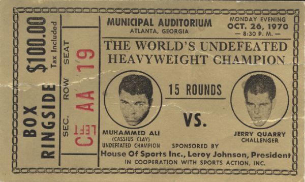 1970 Ali vs. Quarry Rare Golden Ticket & Fight Program