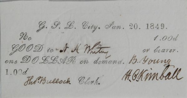 Rare Brigham Young Signed 1849 Mormon Valley Note