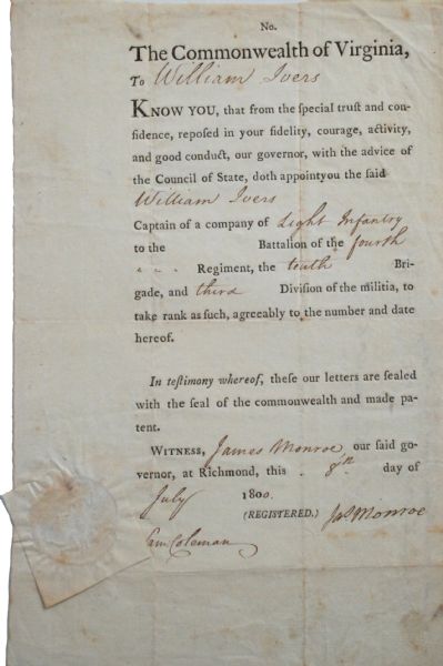 “JAMES MONROE” Signed Virginia Military Appointment