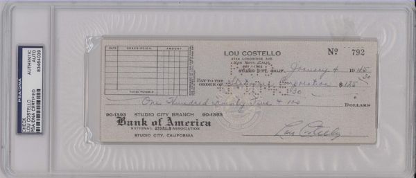 Lou Costello Signed Check
