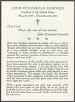 Kennedy Administration- Cancelled dinner menu, Prayer card, Commemorative Book “John F. Kennedy 1917-1963,” Bachrach JFK portrait, vintage JFK limo photo dated June 1963.