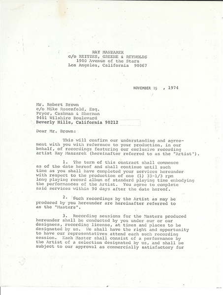Ray Manzarek Signed Representation Contract 