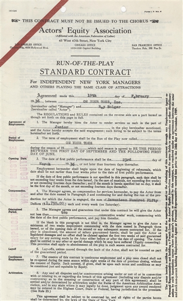 Ray Bolger Signed Actors Equity Contract Dated February, 19th, 1936