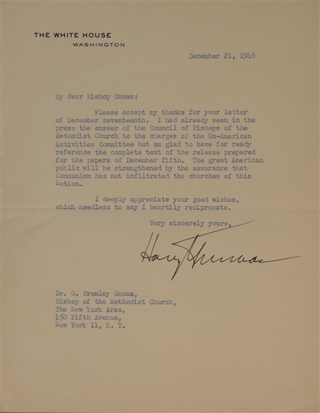 PRESIDENT TRUMAN WRITES TO THE FAMOUS METHODIST MINISTER DR. G. BROMLEY OXNAM: “THE GREAT AMERICAN PUBLIC WILL BE STRENGTHENED BY THE ASSURANCE THAT COMMUNISM HAS NOT INFILTRATED THE CHURCHES OF THE 
