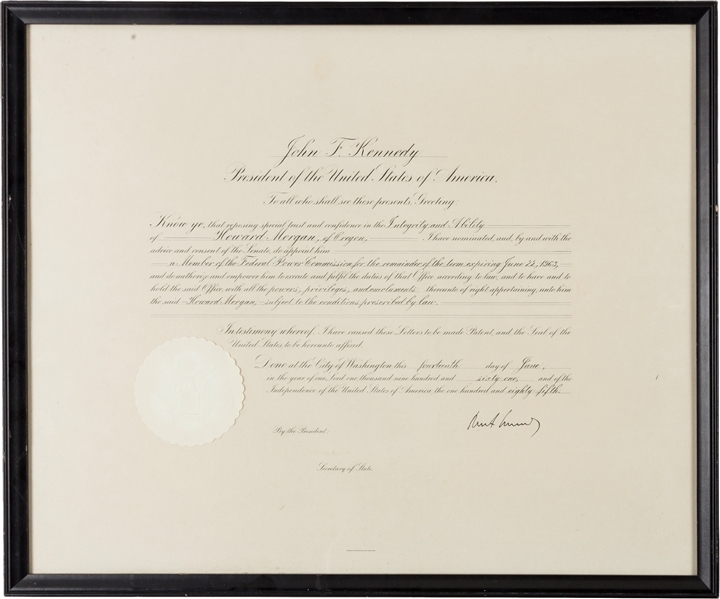 John F. Kennedy Signed Appointment For Federal Power Comission