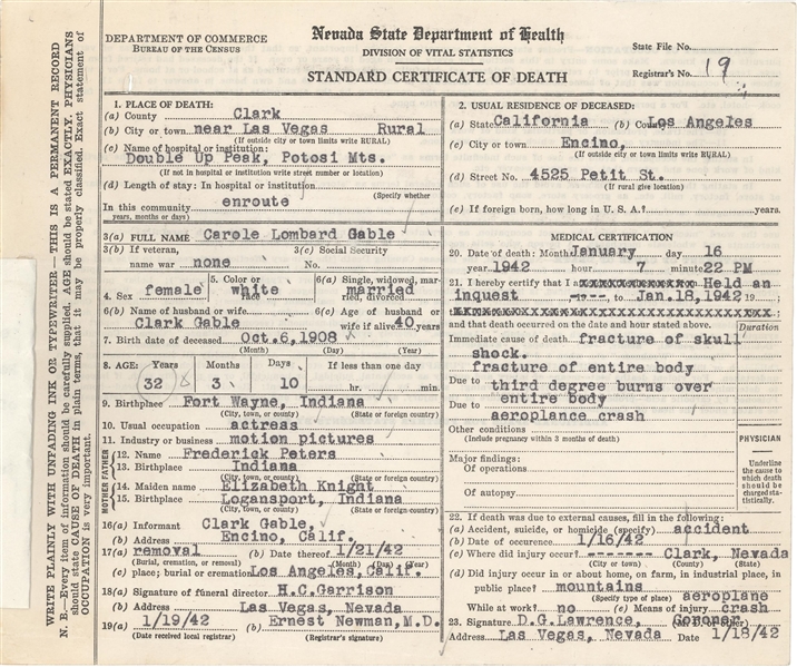 Lot Detail - Carol Lombard's Official Death Certificate