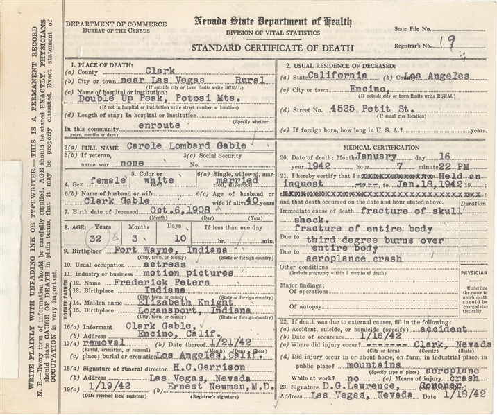 Carol Lombard's Official Death Certificate