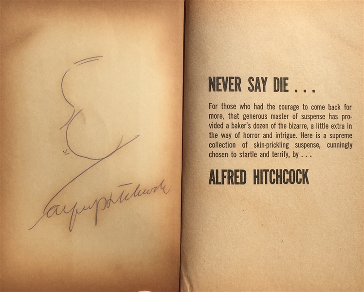 Alfred Hitchcocks Original Famous Profile Sketch and Signature in his book,a Bakers Dozen of Suspense Stories
