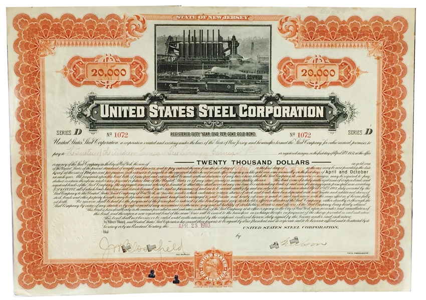 Andrew Carnegie Extremely Rare Signed Steel Bond Archive