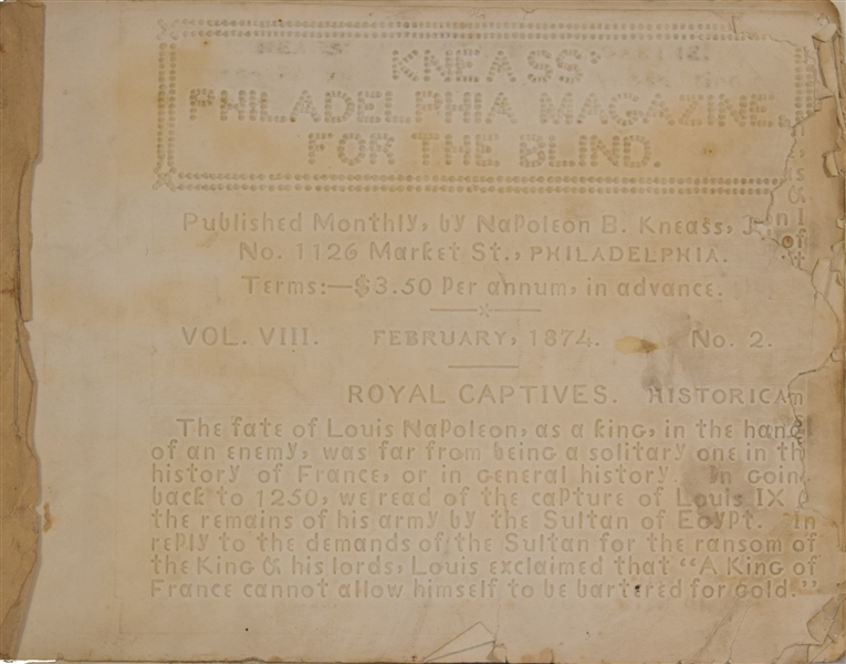 Extremely rare, original copy of Kneass Philadelphia Magazine for the Blind, Volume VIII February, 1874