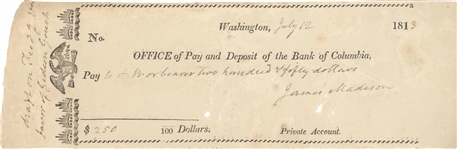James Madison Signed Check as President
