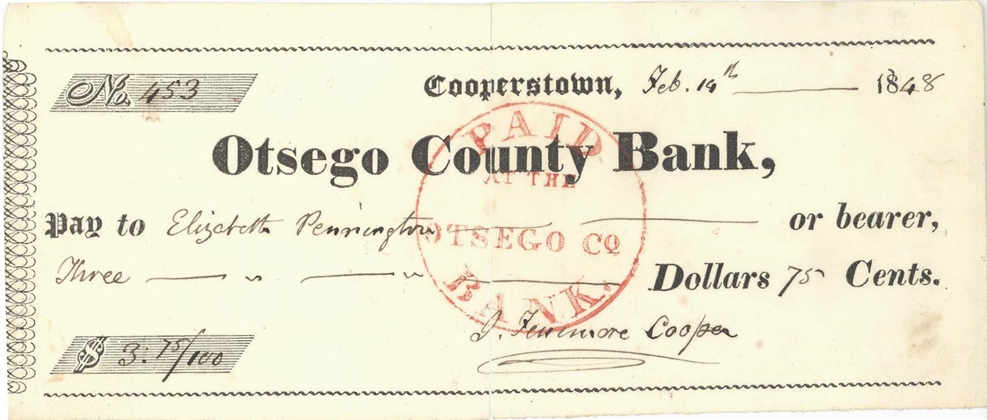 James Fenimore Cooper Signed Check