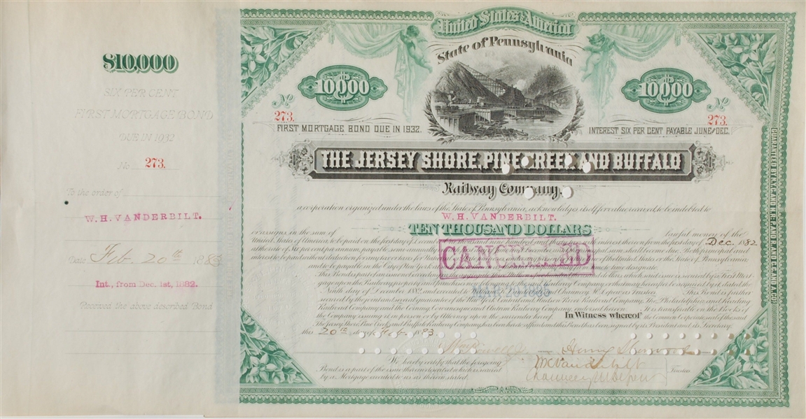 $10,000 RAILWAY BOND OF 1882 JERSEY SHORE, PINE CREEK & BUFFALO RWY SIGNED BY THREE IMPORTANT VANDERBILTS