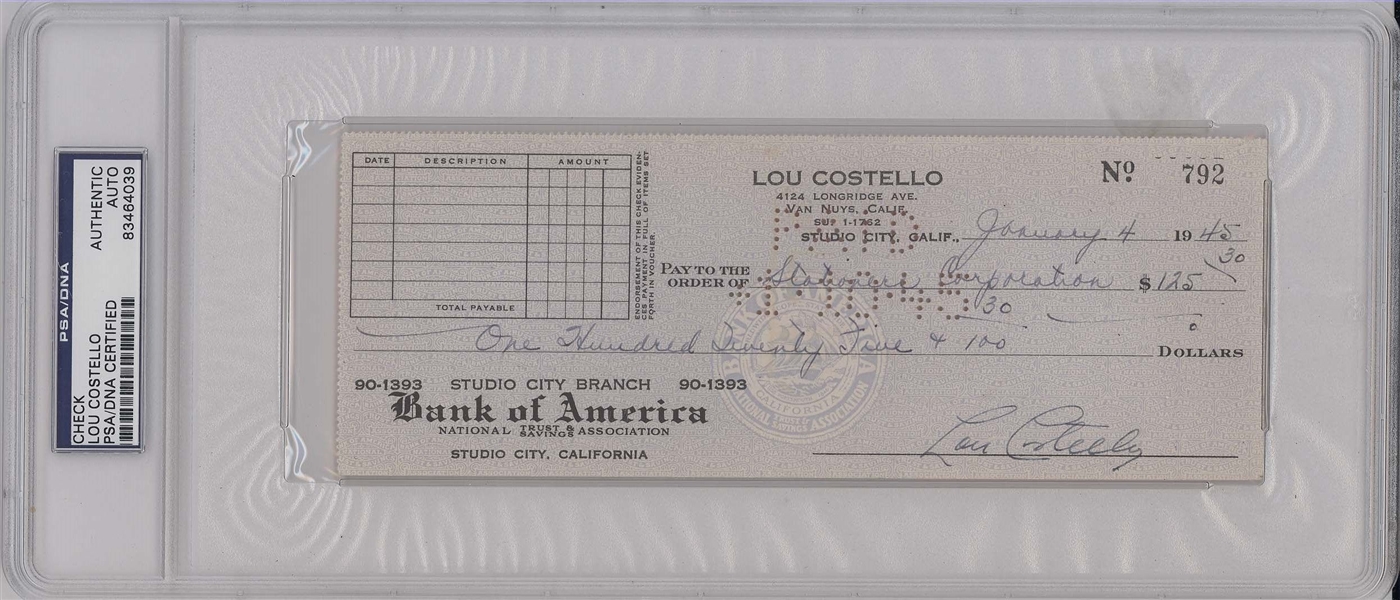 Lou Costello Signed Check