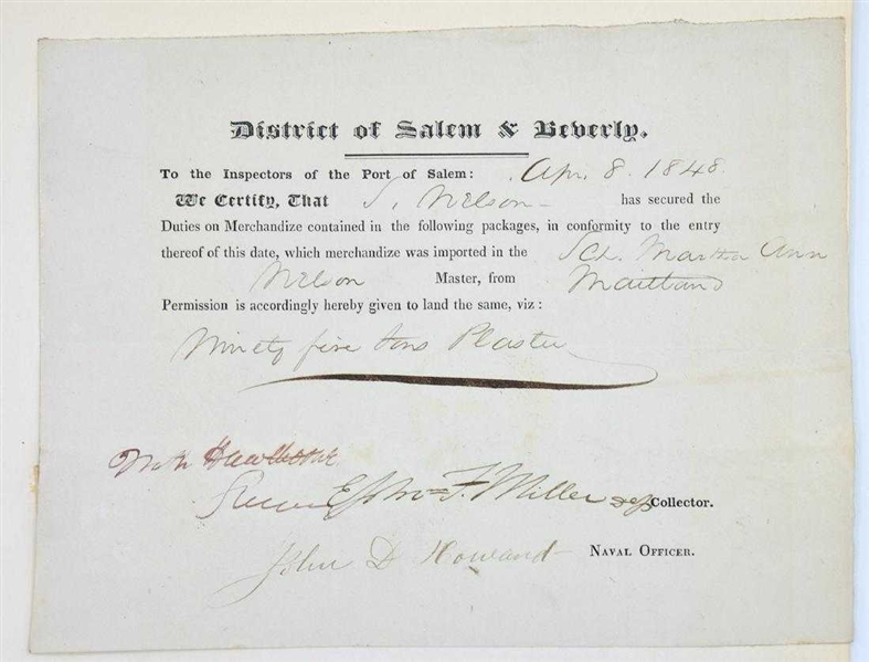 Nathaniel Hawthorne Signed Certificate