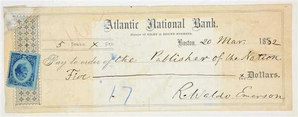 Ralph Waldo Emerson Bank Check to Publisher with signature