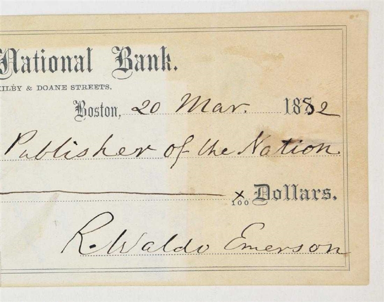 Ralph Waldo Emerson Bank Check to Publisher with signature