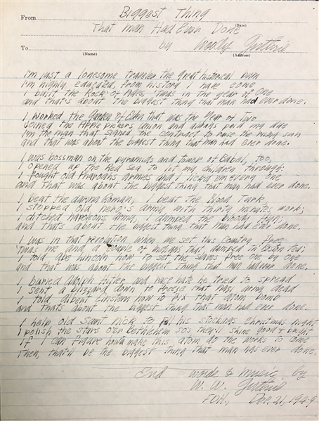 Woody Guthrie "Biggest Thing That Man Has Ever Done"  original autograph lyrics