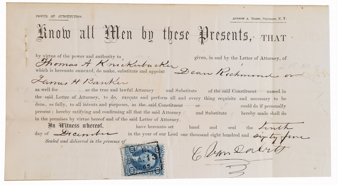 1865 Cornelius Vanderbilt - Commodore signed RAILROAD Proxy signature
