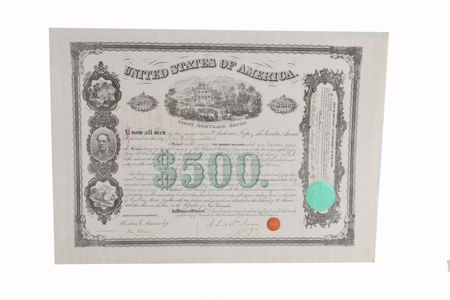 Antonio López de Santa Anna Engraved Mortgage Bond Signed A.L. de Sta. Anna, $500 Bond, 