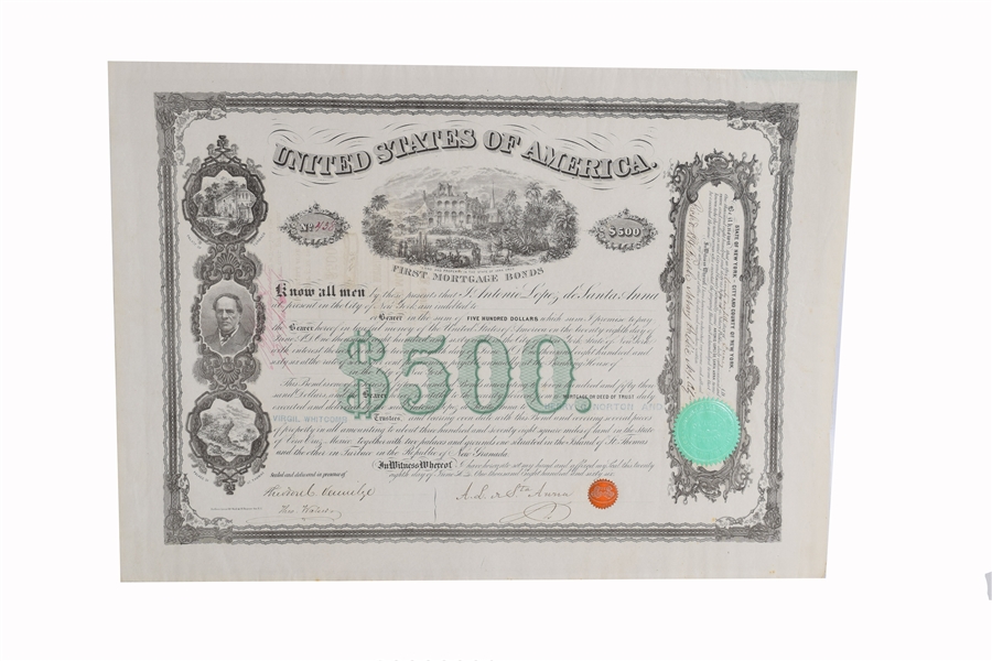 Antonio López de Santa Anna Engraved Mortgage Bond Signed "A.L. de Sta. Anna", $500 Bond, 