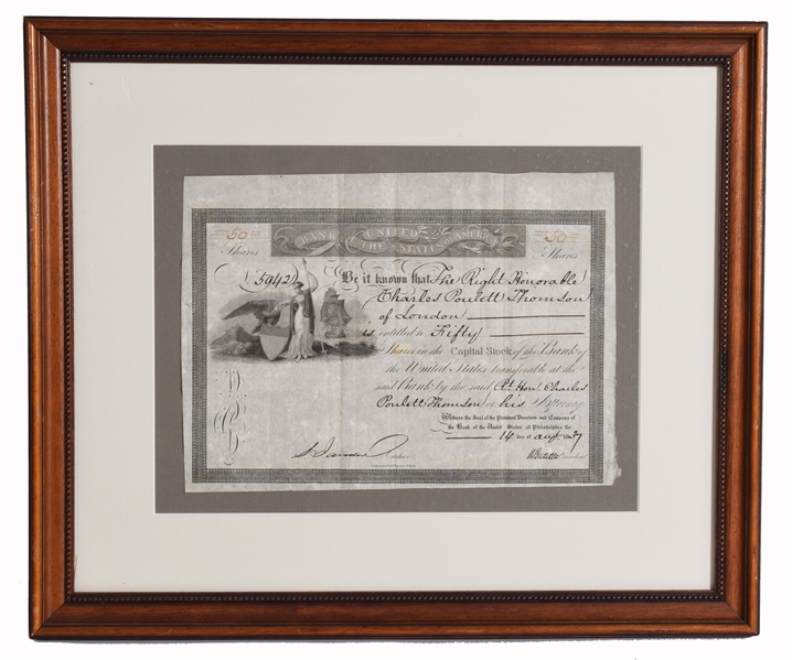 Bank of The United Staes 2nd Charter signed by N. Biddle to the first first Governor General of the United Province of Canada